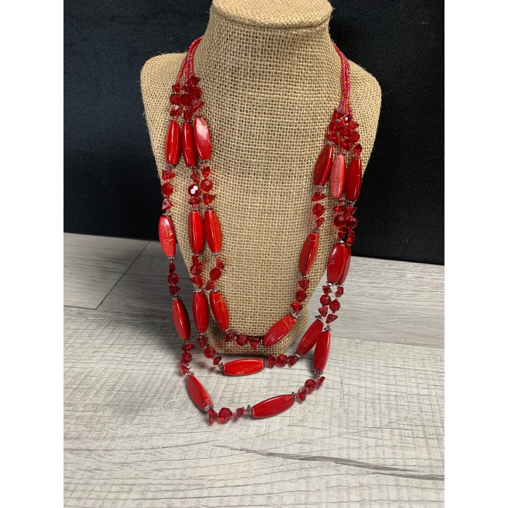 Red Multiā Strand Beaded Statement Necklace Triple Layer Stone Crystal 24 Inch